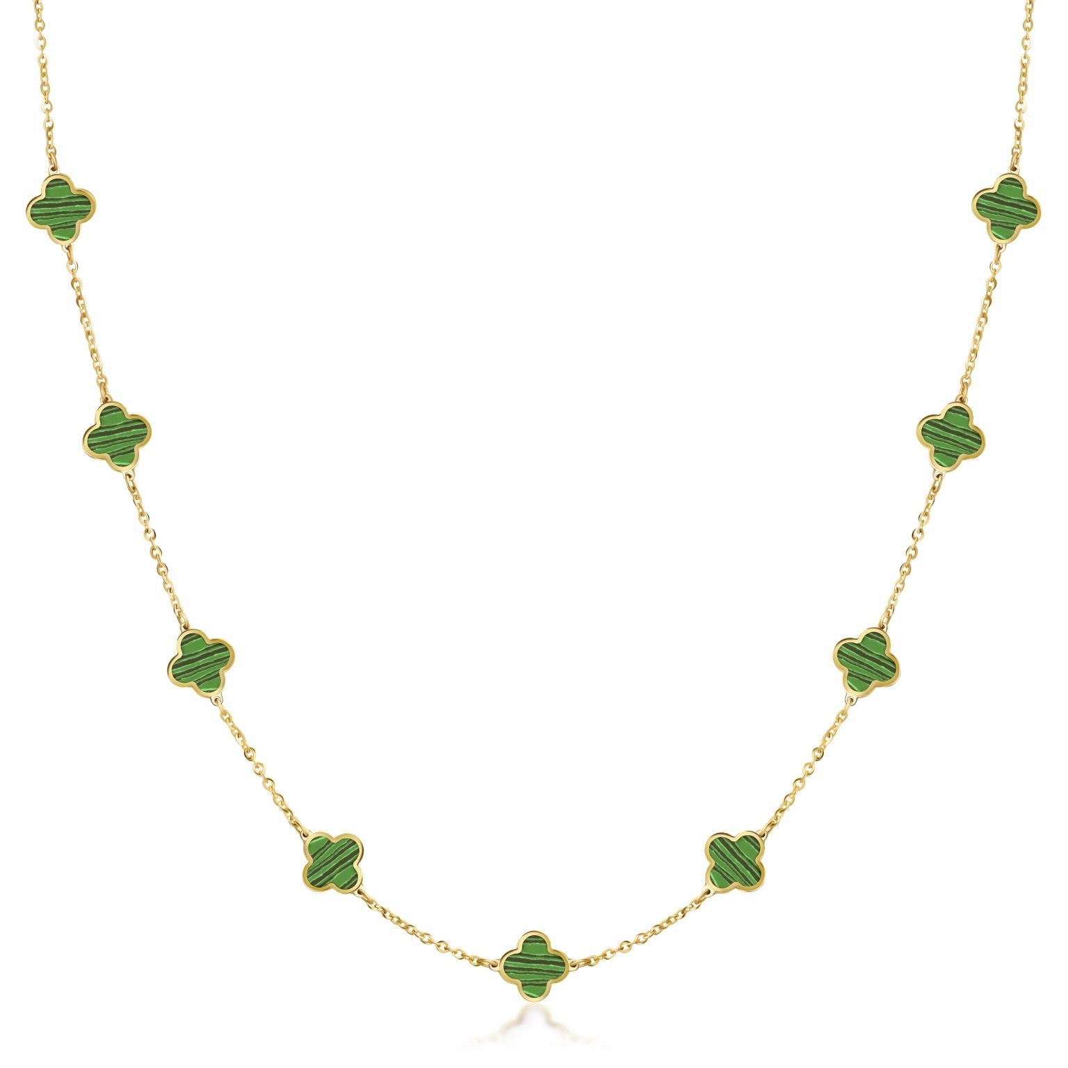 Birmingham Jewelry - 14K Yellow Gold Small Clover Station Necklace (Malachite) - Birmingham Jewelry