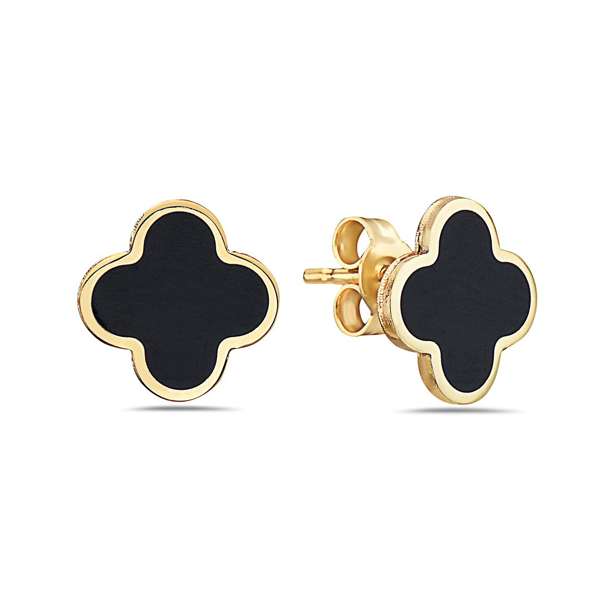 Birmingham Jewelry - 14K Yellow Gold Small Clover Stud Earrings (Onyx) - Birmingham Jewelry