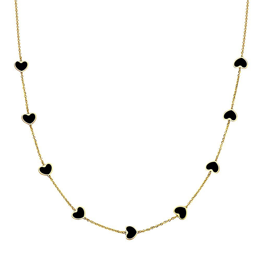 Birmingham Jewelry - 14K Yellow Gold Small Heart Station Necklace (Onyx) - Birmingham Jewelry