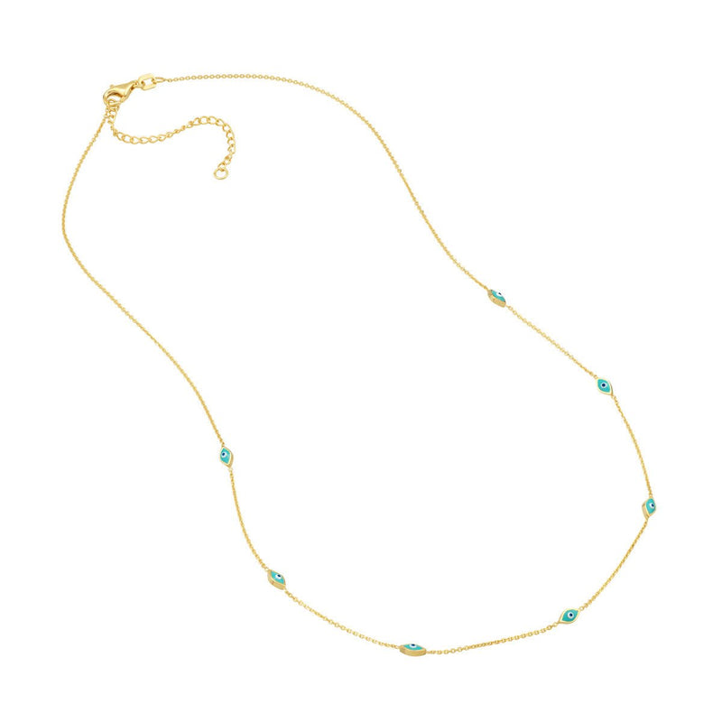 Birmingham Jewelry - 14K Yellow Gold Turquoise Enamel Evil Eye Station Necklace - Birmingham Jewelry