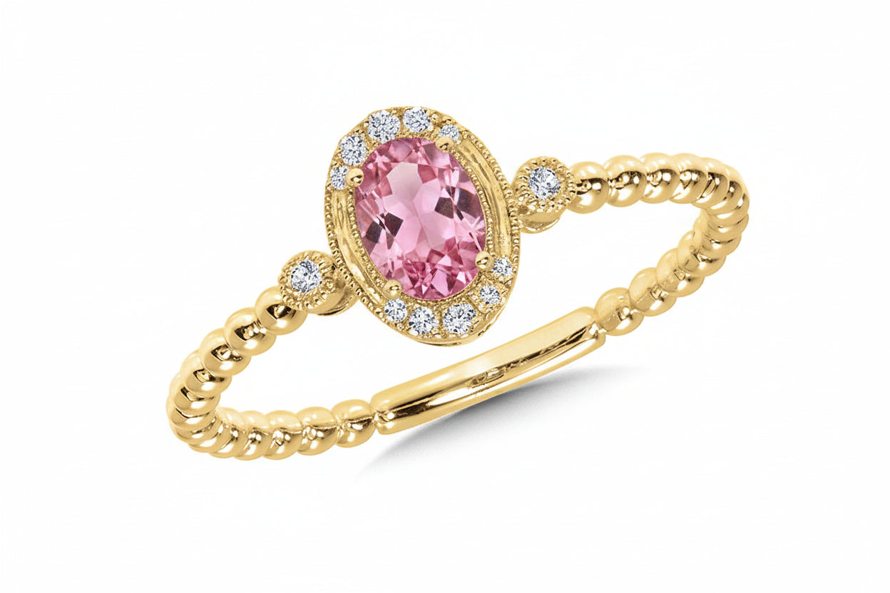 14K Yellow Gold OVAL-CUT Pink Sapphire & DIAMOND MILGRAIN HALO BEADED SHANK RING Birmingham Jewelry Ring Birmingham Jewelry 