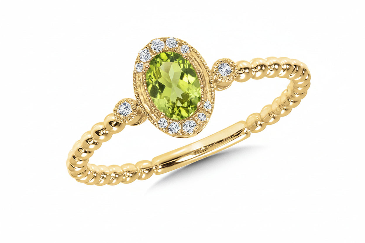 14K Yellow Gold OVAL-CUT Peridot & DIAMOND MILGRAIN HALO BEADED SHANK RING Birmingham Jewelry Ring Birmingham Jewelry 