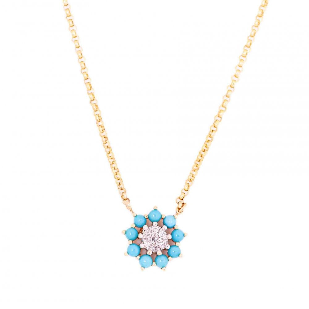 14K Yellow Gold Sunflower Turquoise And Diamond Necklace Birmingham Jewelry Necklace Birmingham Jewelry 