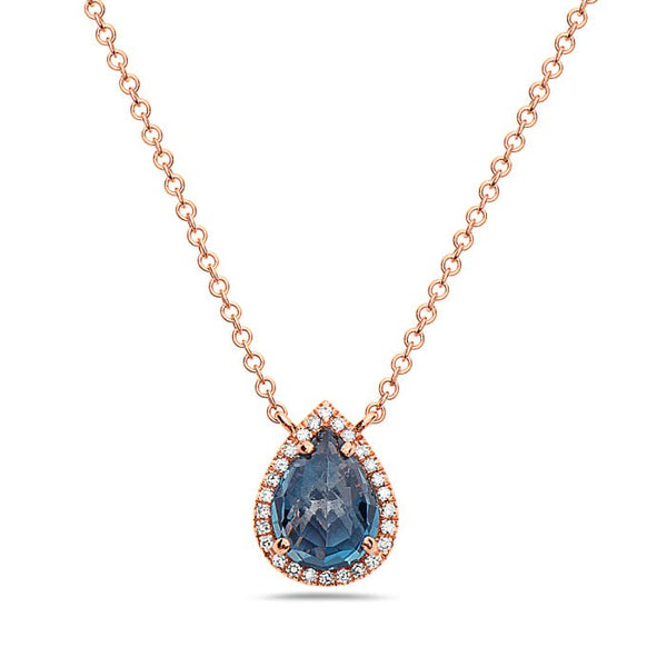 Birmingham Jewelry - 14K Rose Gold Pear Shape Blue Topaz And Diamond Necklace - Birmingham Jewelry