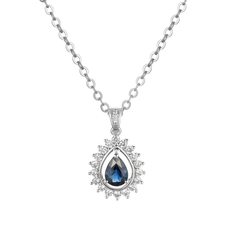 14K White Gold Pear Shape Sapphire With Diamond Halo Pendant Necklace Birmingham Jewelry Necklace Birmingham Jewelry 