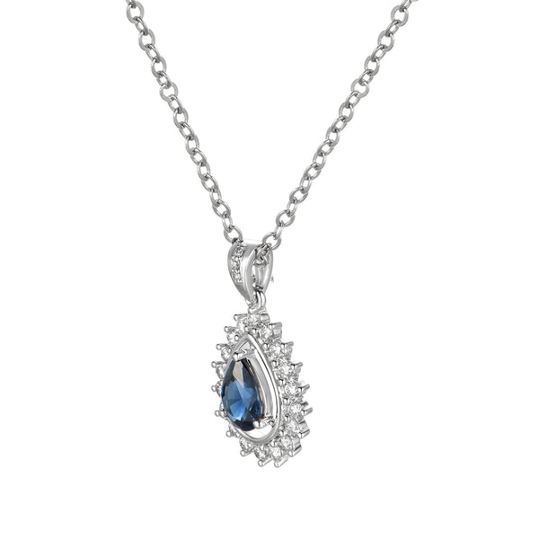 14K White Gold Pear Shape Sapphire With Diamond Halo Pendant Necklace Birmingham Jewelry Necklace Birmingham Jewelry 