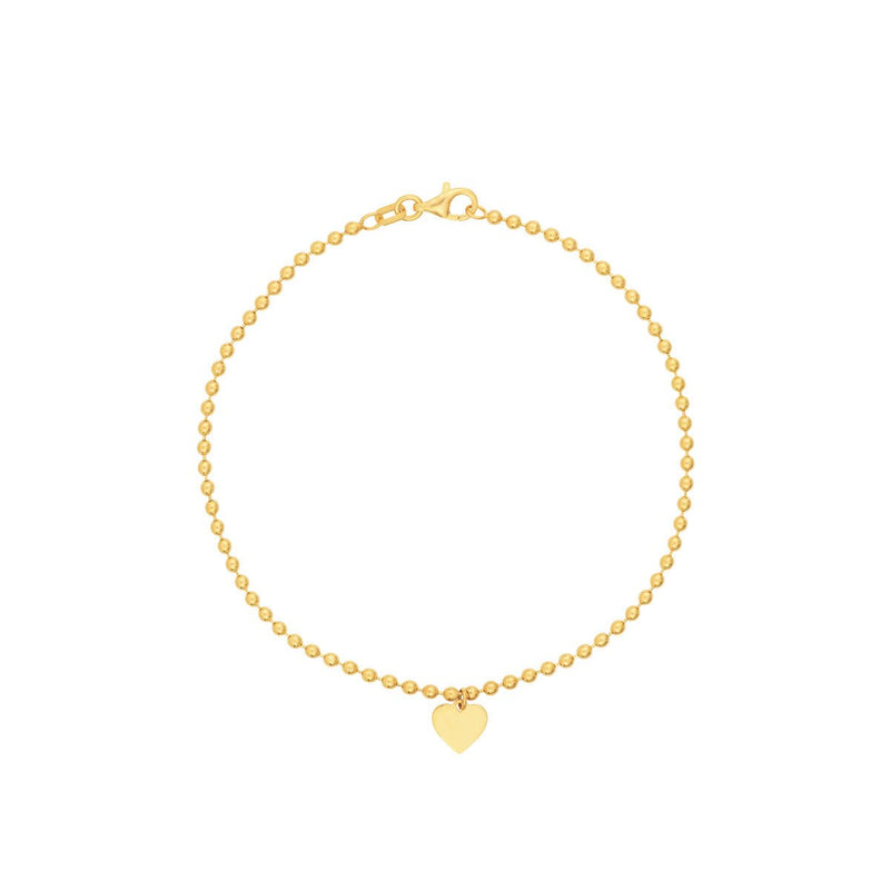 Birmingham Jewelry - 14K Yellow Gold 2.0mm Beaded Chain w/Dangle Heart Bracelet - Birmingham Jewelry