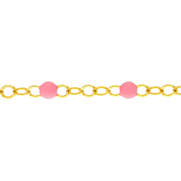 Birmingham Jewelry - 14K Yellow Gold Baby Pink Enamel Bead Piatto Chain Anklet - Birmingham Jewelry