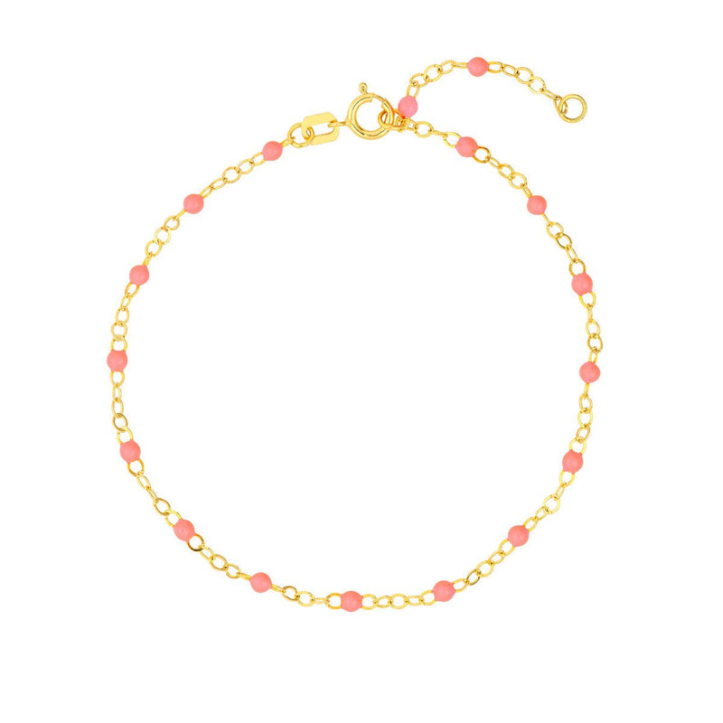 Birmingham Jewelry - 14K Yellow Gold Baby Pink Enamel Bead Piatto Chain Bracelet - Birmingham Jewelry