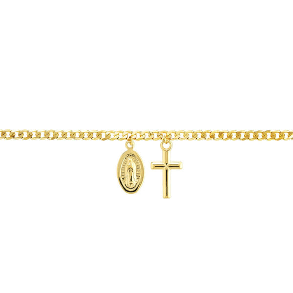Birmingham Jewelry - 14K Yellow Gold Cross/Mary Dangles on Open Curb Chain Anklet - Birmingham Jewelry