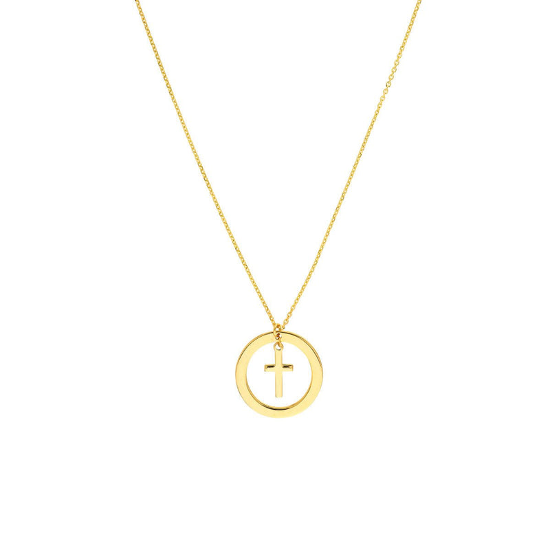 Birmingham Jewelry - 14K Yellow Gold Cut Out Circle w/Dangle Cross Necklace - Birmingham Jewelry