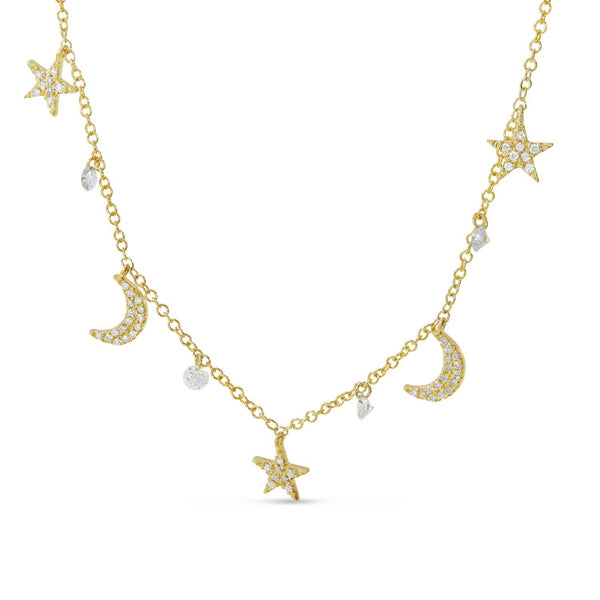 14K Yellow Gold Dashing Diamond Moon and Stars Pierced Diamonds Necklace Birmingham Jewelry Necklace Birmingham Jewelry 