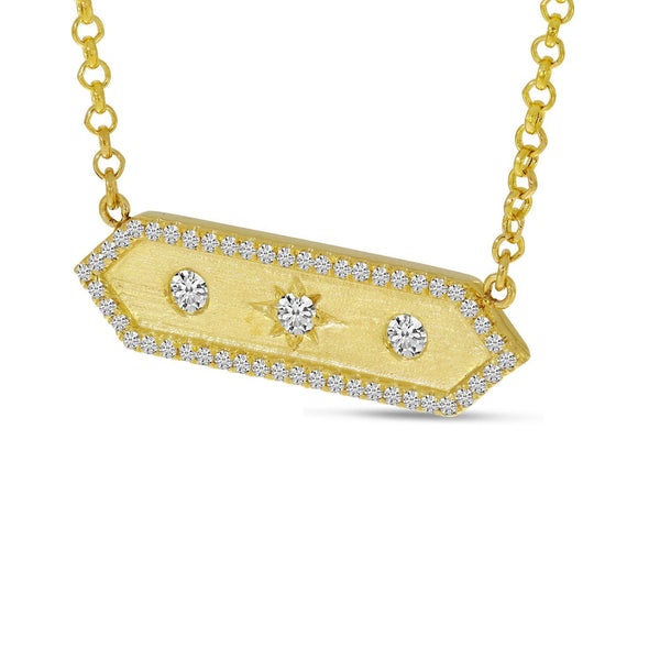 14K Yellow Gold Diamond Halo Brushed Hexagon Bar Pendant Birmingham Jewelry Necklace Birmingham Jewelry 