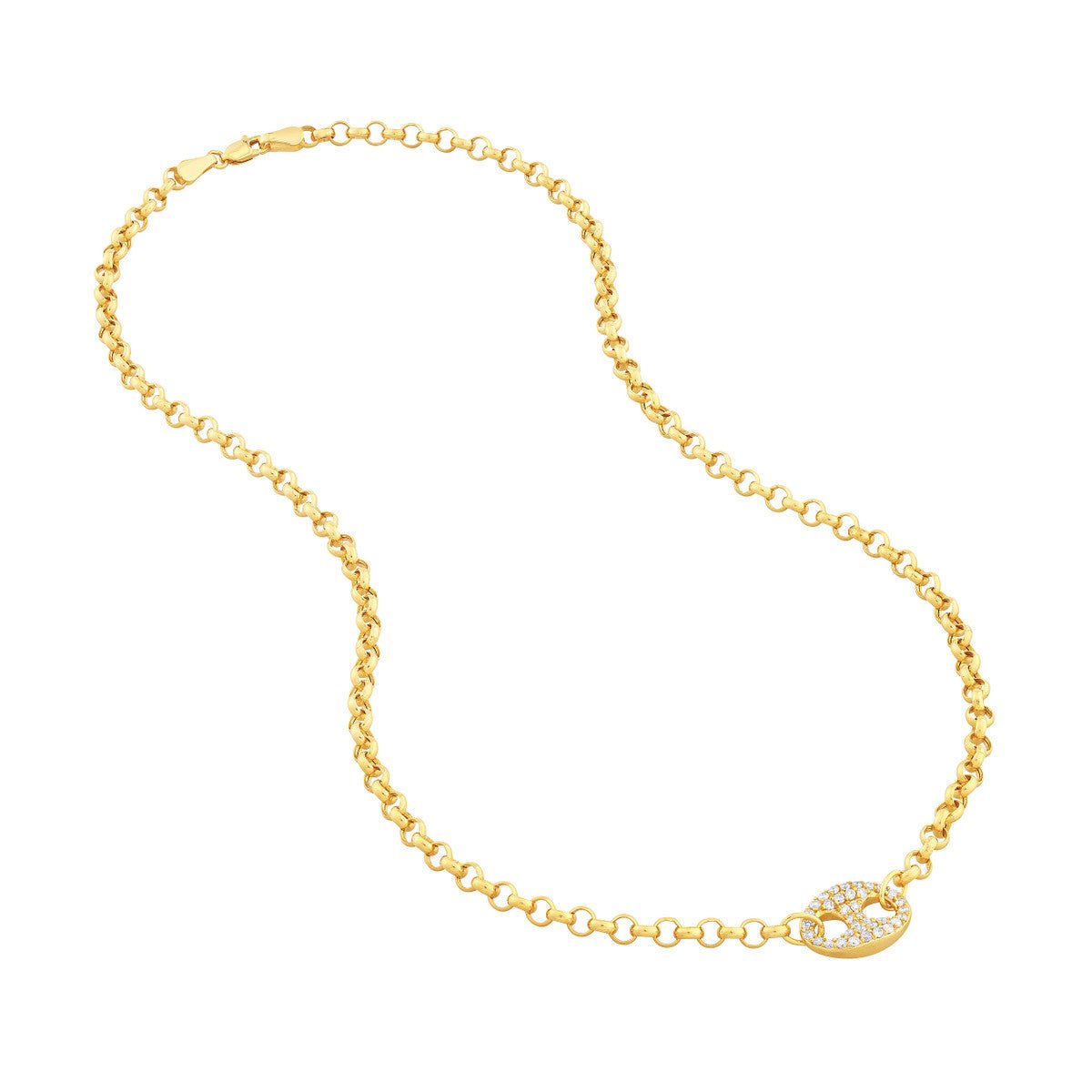 14K Yellow Gold Diamond Puff Link on Rolo Necklace