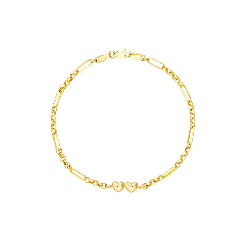 Birmingham Jewelry - 14K Yellow Gold Double Puff Heart Station Paper Clip Bracelet - Birmingham Jewelry