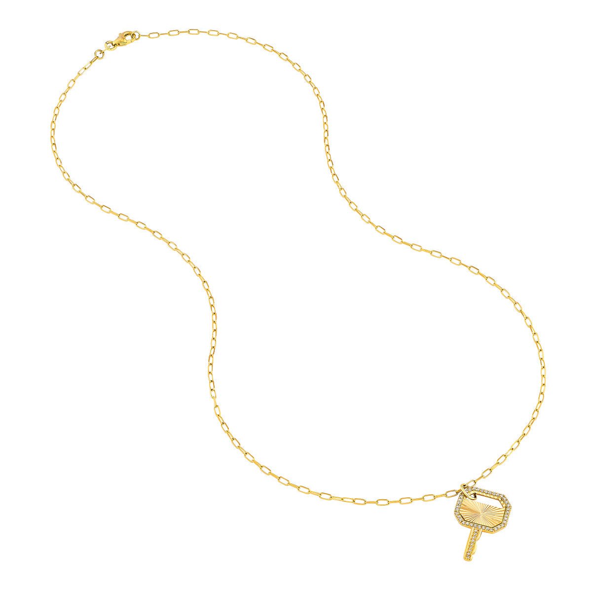 Birmingham Jewelry - 14K Yellow Gold Fluted Diamond Frame Key Pendant on Paper Clip Chain - Birmingham Jewelry