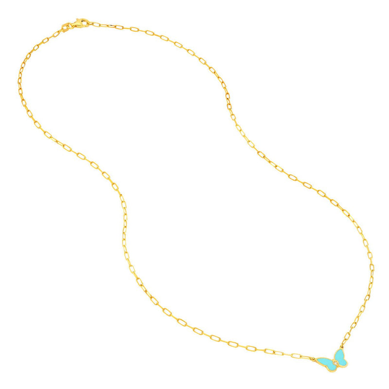Birmingham Jewelry - 14K Yellow Gold Light Turquoise Butterfly Necklace with Diamond - Birmingham Jewelry