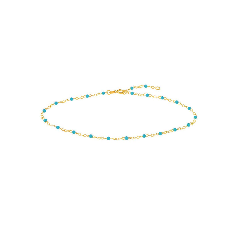 Birmingham Jewelry - 14K Yellow Gold Light Turquoise Enamel Bead on Piatto Chain w/1" Adjustable Anklet - Birmingham Jewelry