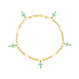 Birmingham Jewelry - 14K Yellow Gold Lt.Turquoise Crosses on 6+1 Rolo Chain Bracelet - Birmingham Jewelry