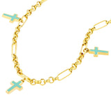 Birmingham Jewelry - 14K Yellow Gold Lt.Turquoise Crosses on 6+1 Rolo Chain Bracelet - Birmingham Jewelry