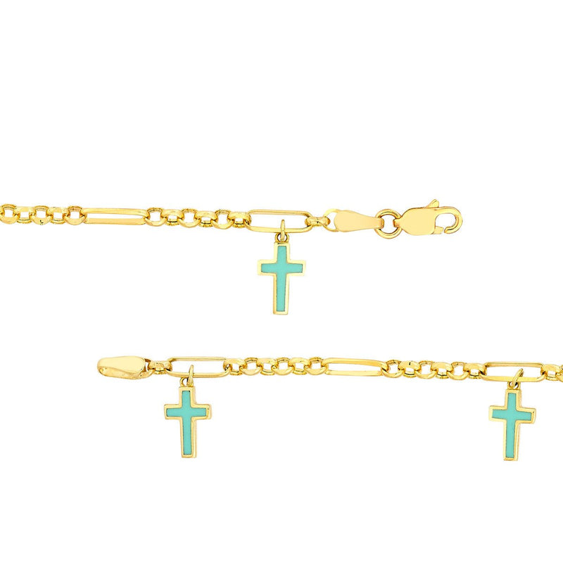 Birmingham Jewelry - 14K Yellow Gold Lt.Turquoise Crosses on 6+1 Rolo Chain Bracelet - Birmingham Jewelry