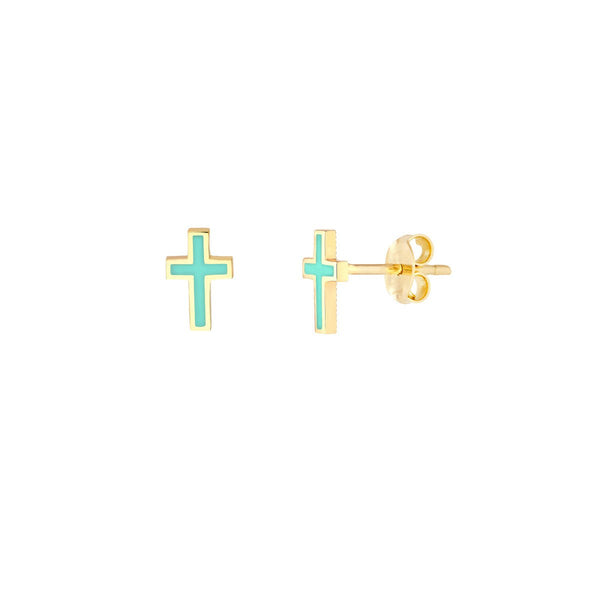 Birmingham Jewelry - 14K Yellow Gold Lt.Turquoise Enamel Cross Stud Earrings - Birmingham Jewelry
