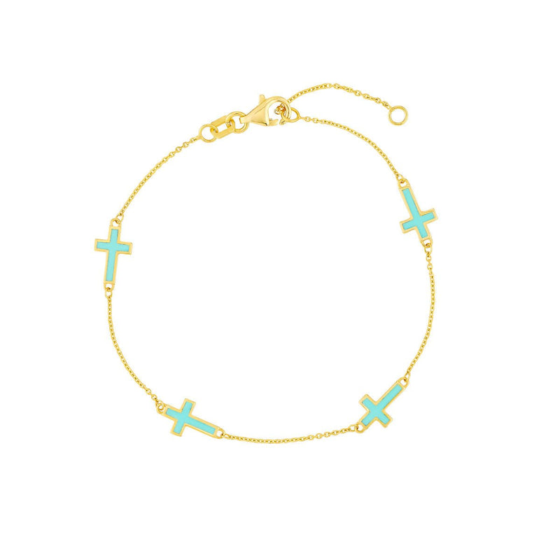 Birmingham Jewelry - 14K Yellow Gold Lt.Turquoise Enamel Crosses Station Bracelet - Birmingham Jewelry