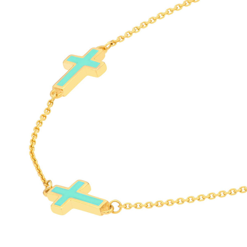 Birmingham Jewelry - 14K Yellow Gold Lt.Turquoise Enamel Crosses Station Bracelet - Birmingham Jewelry