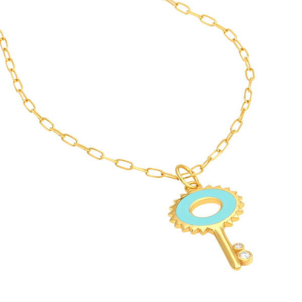 Birmingham Jewelry - 14K Yellow Gold Lt.Turquoise Enamel Key Necklace with Diamonds - Birmingham Jewelry