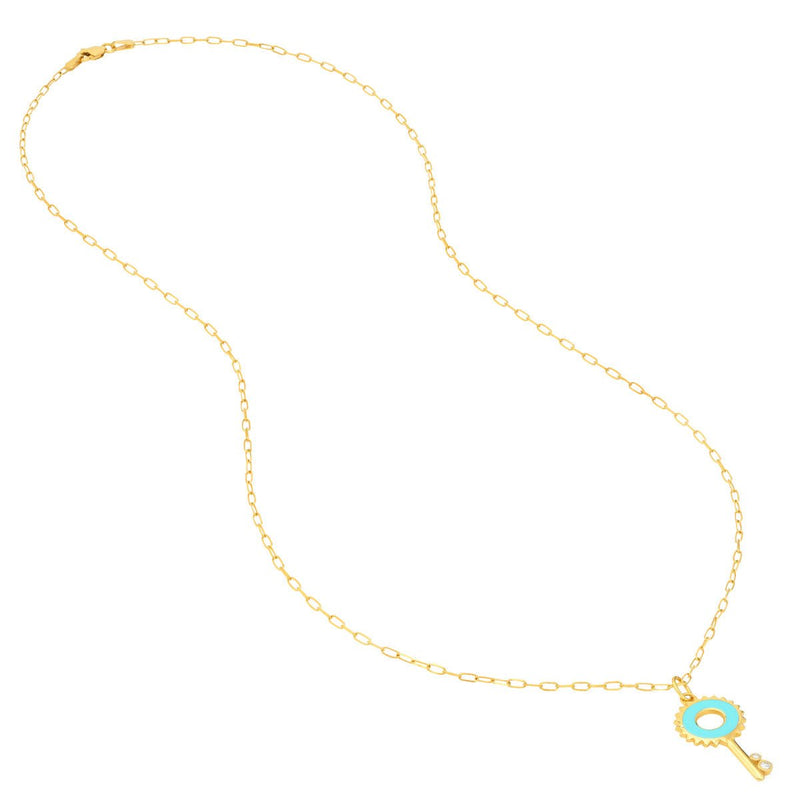 Birmingham Jewelry - 14K Yellow Gold Lt.Turquoise Enamel Key Necklace with Diamonds - Birmingham Jewelry