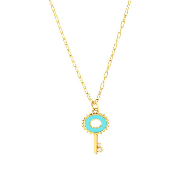 Birmingham Jewelry - 14K Yellow Gold Lt.Turquoise Enamel Key Necklace with Diamonds - Birmingham Jewelry