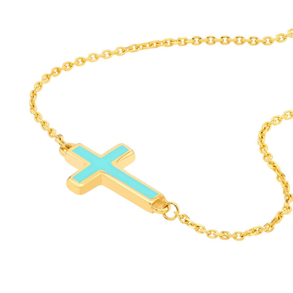 Birmingham Jewelry - 14K Yellow Gold Lt.Turquoise Enamel Sideways Cross Necklace - Birmingham Jewelry