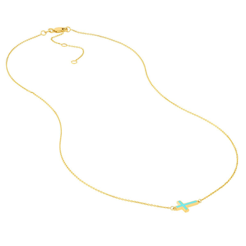 Birmingham Jewelry - 14K Yellow Gold Lt.Turquoise Enamel Sideways Cross Necklace - Birmingham Jewelry