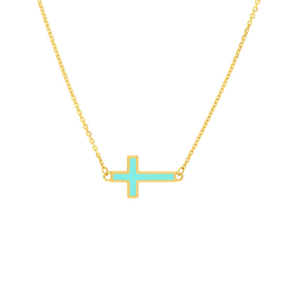 Birmingham Jewelry - 14K Yellow Gold Lt.Turquoise Enamel Sideways Cross Necklace - Birmingham Jewelry