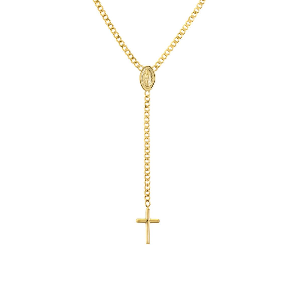 14K Yellow Gold Mary and Cross Curb Chain Lariat Necklace Birmingham Jewelry Necklace Birmingham Jewelry 