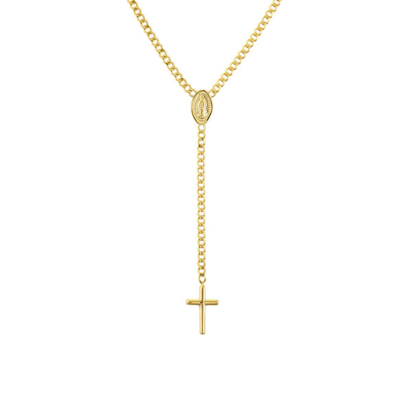 Birmingham Jewelry - 14K Yellow Gold Mary and Cross Curb Chain Lariat Necklace - Birmingham Jewelry