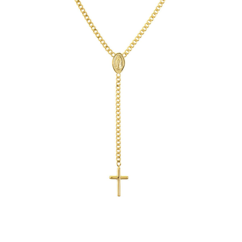 Birmingham Jewelry - 14K Yellow Gold Mary and Cross Curb Chain Lariat Necklace - Birmingham Jewelry