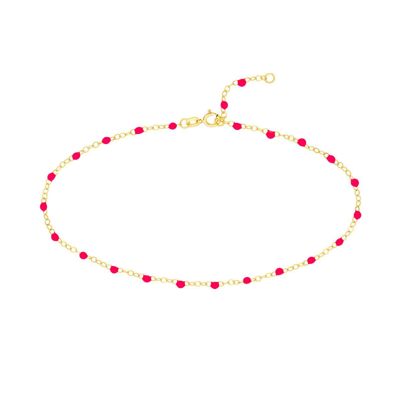 Birmingham Jewelry - 14K Yellow Gold Neon Pink Enamel Bead Piatto Chain Anklet - Birmingham Jewelry