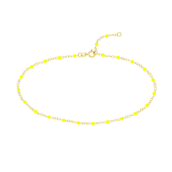 Birmingham Jewelry - 14K Yellow Gold Neon Yellow Enamel Bead Piatto Chain Anklet - Birmingham Jewelry