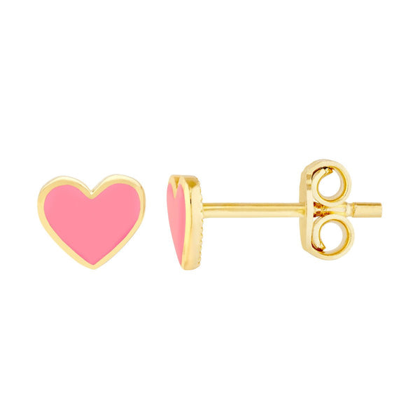 Birmingham Jewelry - 14K Yellow Gold Pink Enamel Heart Baby Stud Earrings - Birmingham Jewelry