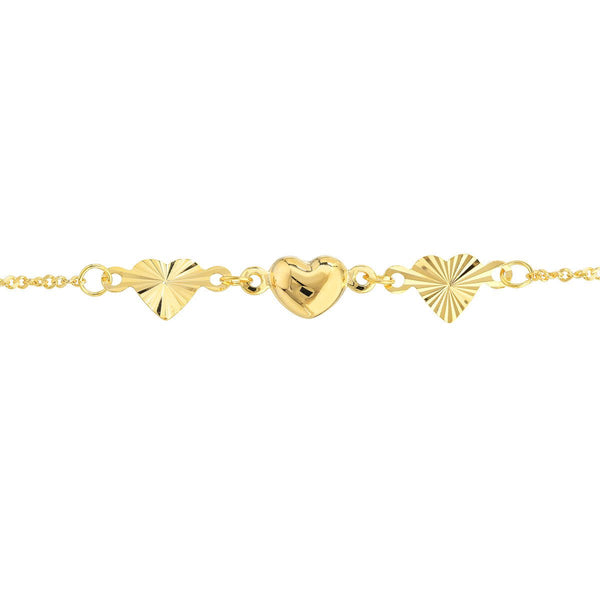 Birmingham Jewelry - 14K Yellow Gold Polished and Fluted Hearts Adjustable Anklet - Birmingham Jewelry