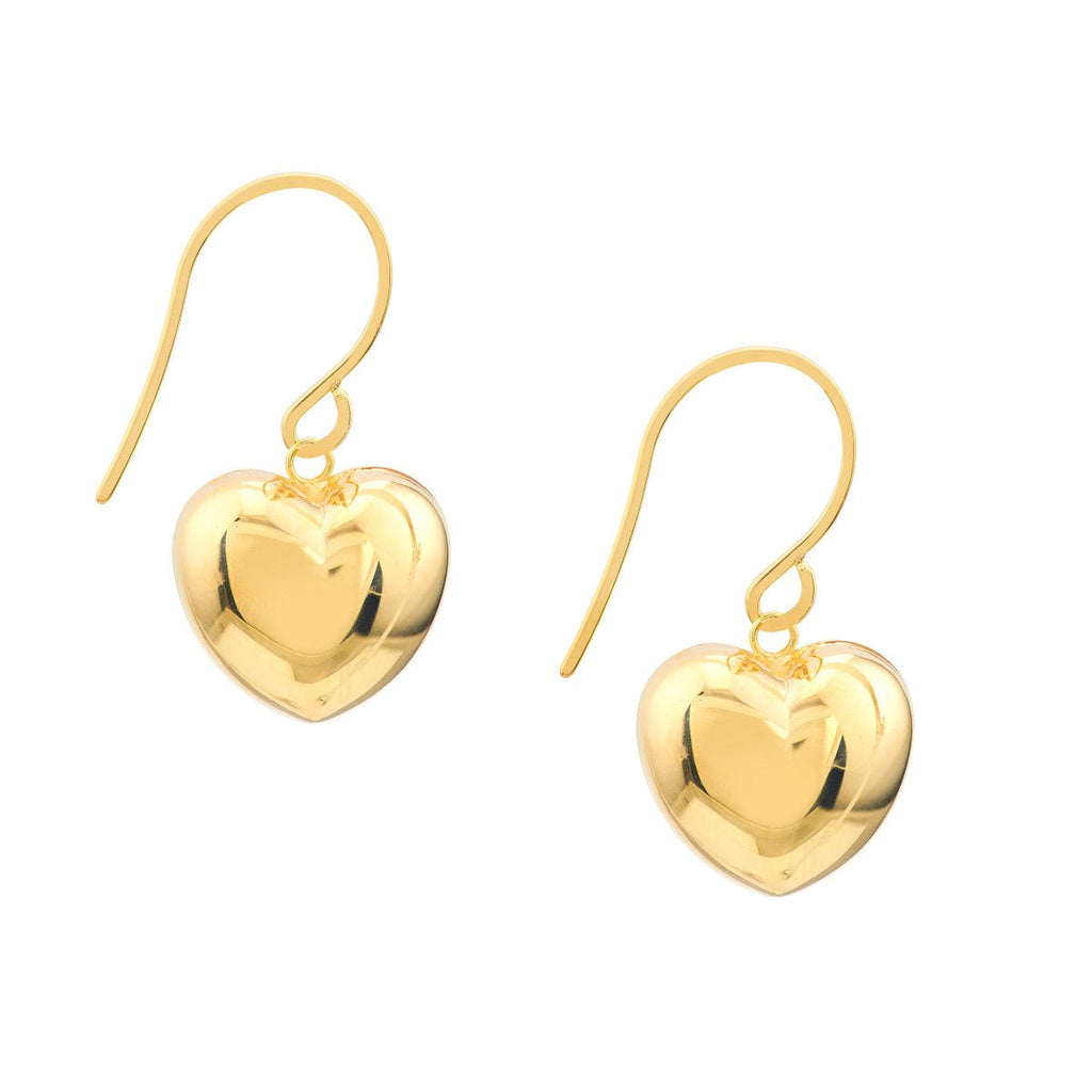 14K Yellow Gold Puffed Heart Fish Hook Earrings