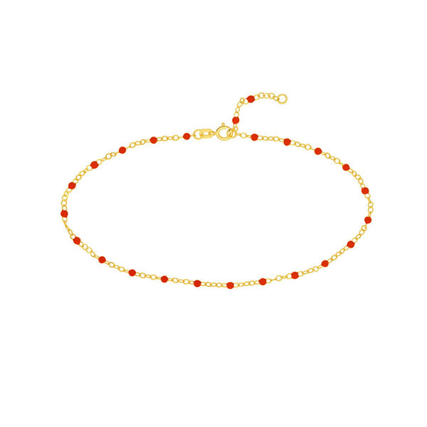Birmingham Jewelry - 14K Yellow Gold Red Enamel Bead Piatto Chain Anklet - Birmingham Jewelry