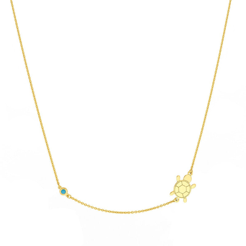 Birmingham Jewelry - 14K Yellow Gold Sideways Floating Turtle and Turq Bezel Necklace - Birmingham Jewelry