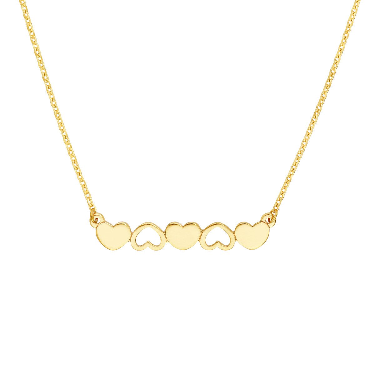 Birmingham Jewelry - 14K Yellow Gold Solid and Open Hearts Bar Necklace - Birmingham Jewelry