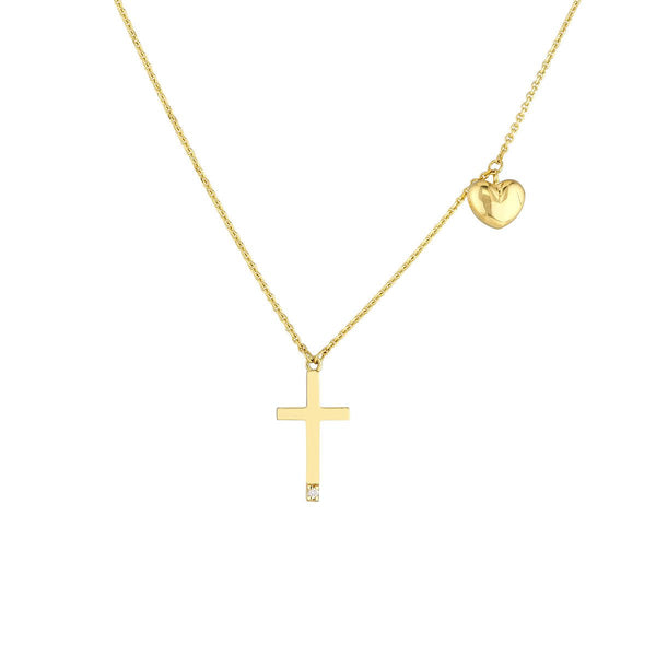 Birmingham Jewelry - 14K Yellow Gold Solitaire Diamond Cross Necklace with Puff Heart Charm - Birmingham Jewelry