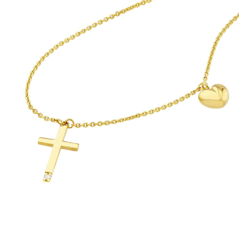 Birmingham Jewelry - 14K Yellow Gold Solitaire Diamond Cross Necklace with Puff Heart Charm - Birmingham Jewelry