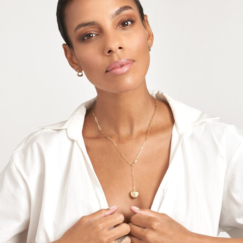 Birmingham Jewelry - 14K Yellow Gold Textured Puff Heart Paperclip Lariat Necklace - Birmingham Jewelry