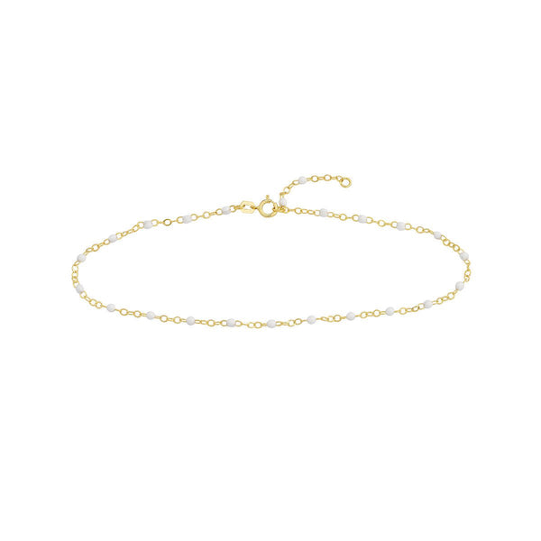 Birmingham Jewelry - 14K Yellow Gold White Enamel Bead on Adj Piatto Chain Anklet - Birmingham Jewelry