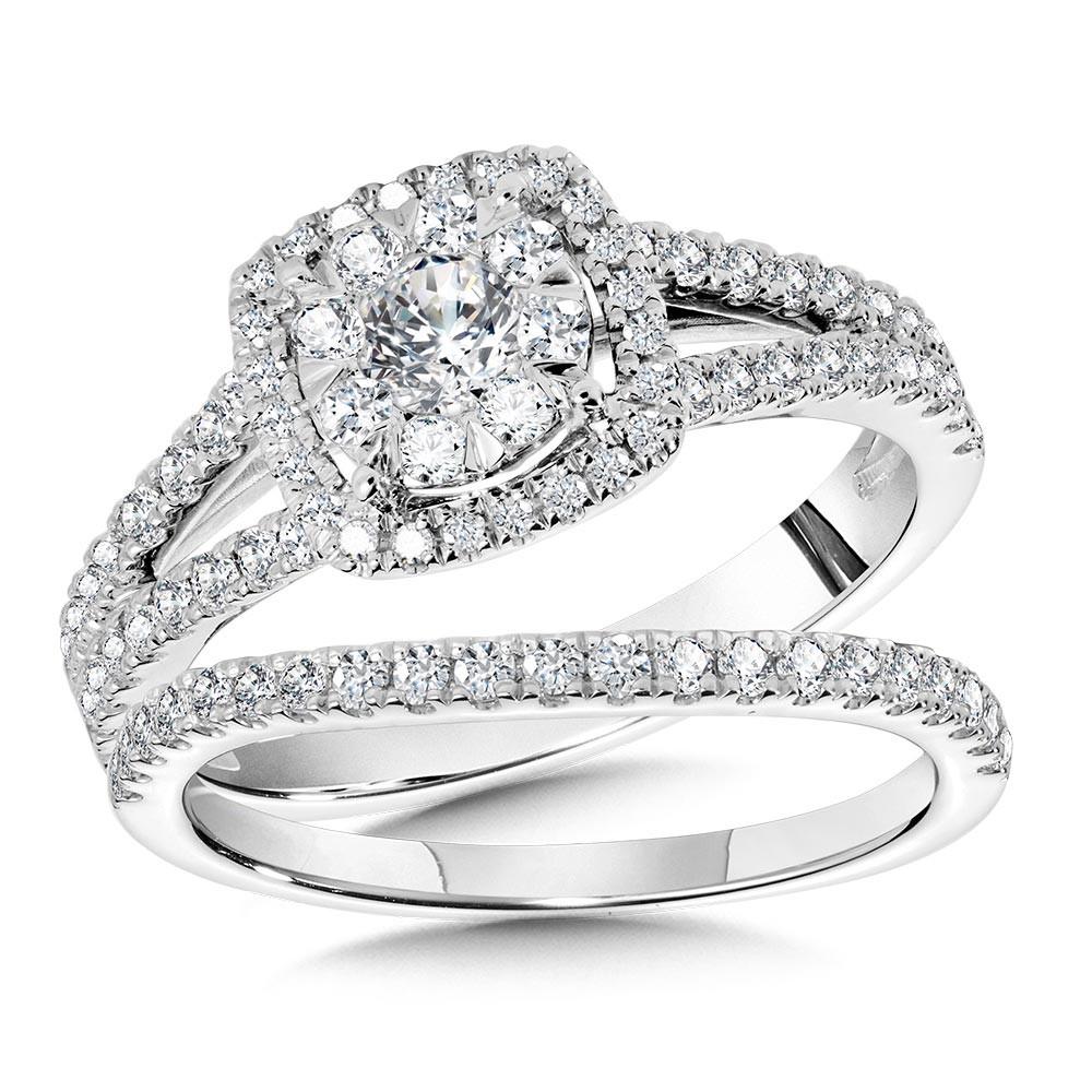 CUSHION-SHAPED HALO & CLUSTER DIAMOND MIRAGE SPLIT SHANK BRIDAL SET Birmingham Jewelry Engagement Ring Set Birmingham Jewelry 
